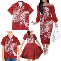Red Polynesia Hammerhead Shark Tattoo With Plumeria Lei Family Matching Off The Shoulder Long Sleeve Dress and Hawaiian Shirt LT14 - Polynesian Pride
