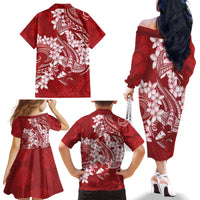 Red Polynesia Hammerhead Shark Tattoo With Plumeria Lei Family Matching Off The Shoulder Long Sleeve Dress and Hawaiian Shirt LT14 - Polynesian Pride