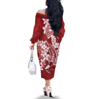 Red Polynesia Hammerhead Shark Tattoo With Plumeria Lei Family Matching Off The Shoulder Long Sleeve Dress and Hawaiian Shirt LT14 - Polynesian Pride