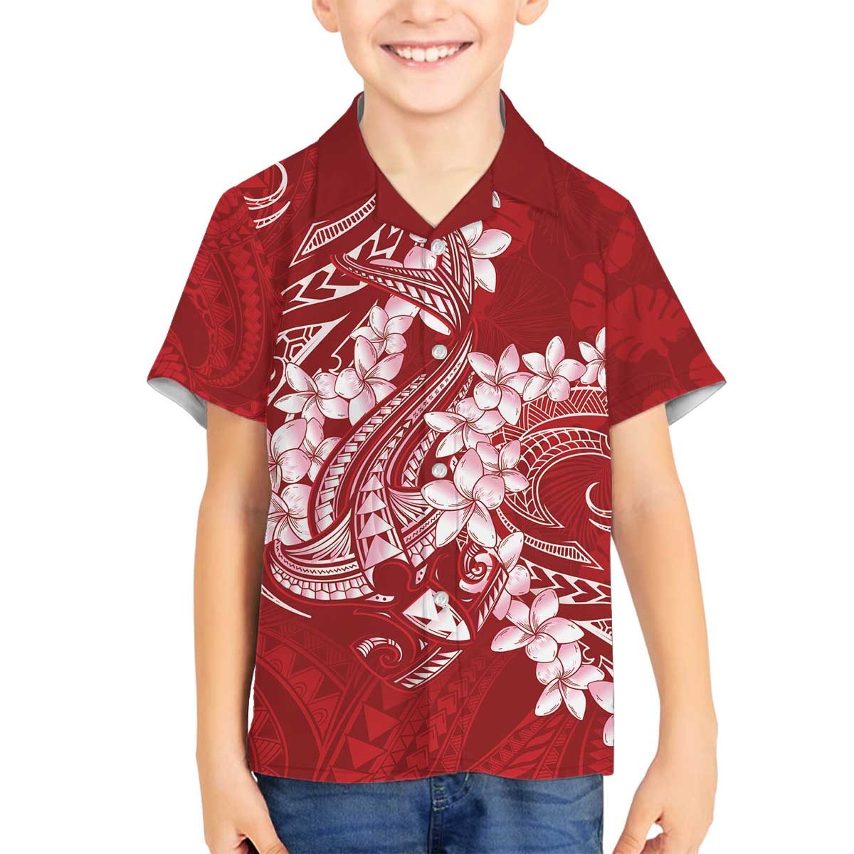Red Polynesia Hammerhead Shark Tattoo With Plumeria Lei Family Matching Off The Shoulder Long Sleeve Dress and Hawaiian Shirt LT14 Son's Shirt Red - Polynesian Pride