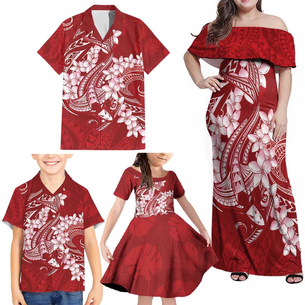 Red Polynesia Hammerhead Shark Tattoo With Plumeria Lei Family Matching Off Shoulder Maxi Dress and Hawaiian Shirt LT14 - Polynesian Pride