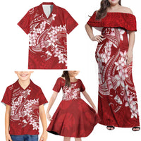 Red Polynesia Hammerhead Shark Tattoo With Plumeria Lei Family Matching Off Shoulder Maxi Dress and Hawaiian Shirt LT14 - Polynesian Pride