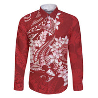 Red Polynesia Hammerhead Shark Tattoo With Plumeria Lei Family Matching Off Shoulder Maxi Dress and Hawaiian Shirt LT14 Dad's Shirt - Long Sleeve Red - Polynesian Pride