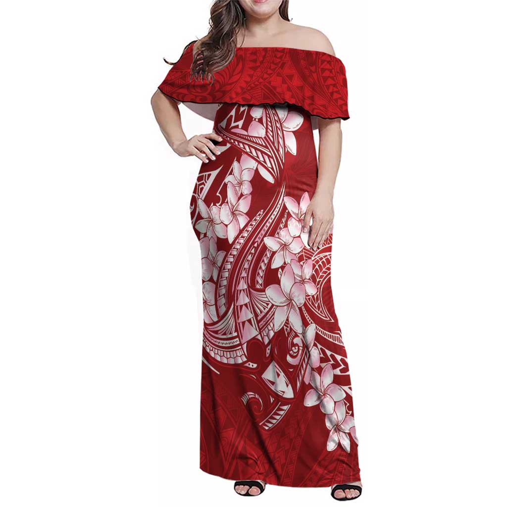 Red Polynesia Hammerhead Shark Tattoo With Plumeria Lei Family Matching Off Shoulder Maxi Dress and Hawaiian Shirt LT14 Mom's Dress Red - Polynesian Pride