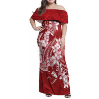 Red Polynesia Hammerhead Shark Tattoo With Plumeria Lei Family Matching Off Shoulder Maxi Dress and Hawaiian Shirt LT14 Mom's Dress Red - Polynesian Pride