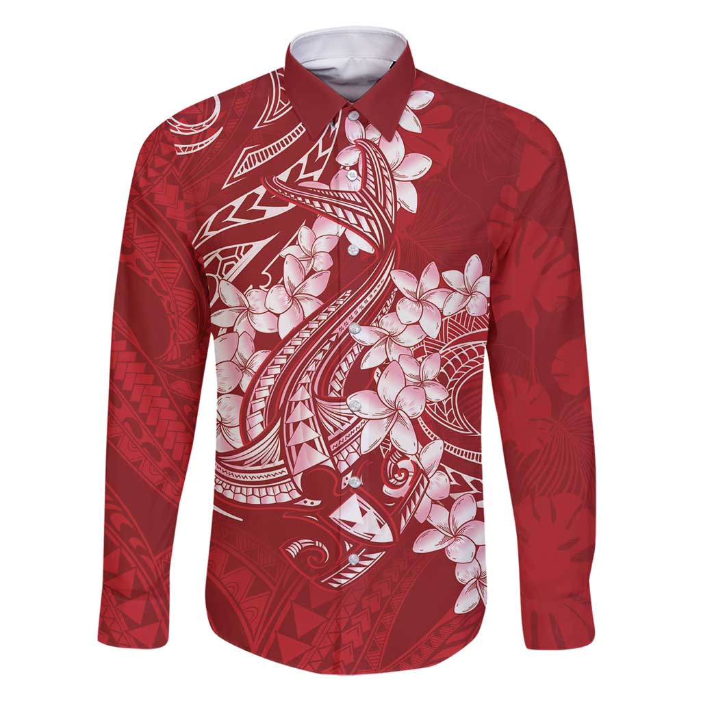Red Polynesia Hammerhead Shark Tattoo With Plumeria Lei Family Matching Off Shoulder Short Dress and Hawaiian Shirt LT14 Dad's Shirt - Long Sleeve Red - Polynesian Pride