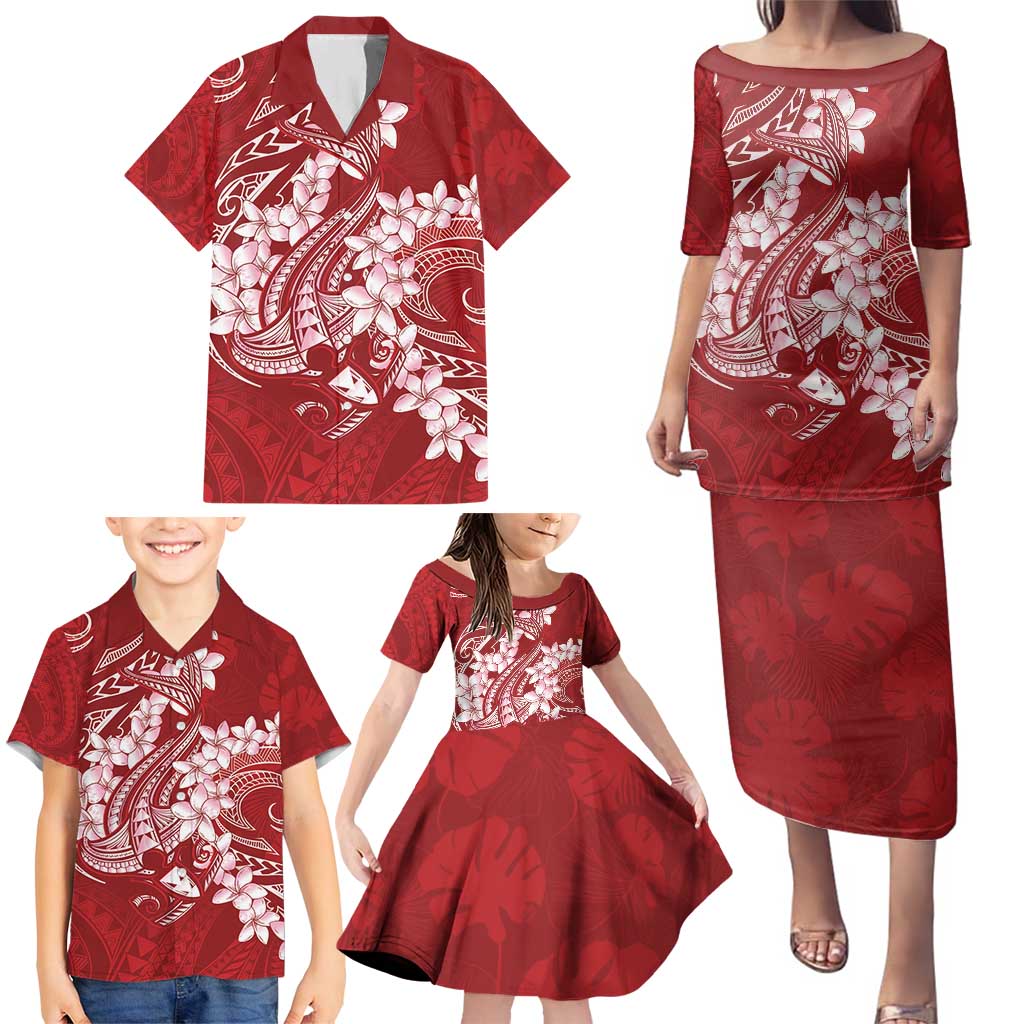Red Polynesia Hammerhead Shark Tattoo With Plumeria Lei Family Matching Puletasi and Hawaiian Shirt LT14 - Polynesian Pride