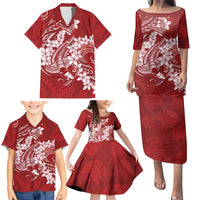 Red Polynesia Hammerhead Shark Tattoo With Plumeria Lei Family Matching Puletasi and Hawaiian Shirt LT14 - Polynesian Pride