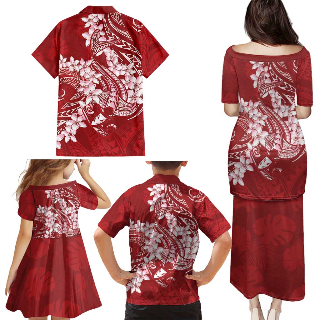 Red Polynesia Hammerhead Shark Tattoo With Plumeria Lei Family Matching Puletasi and Hawaiian Shirt LT14 - Polynesian Pride