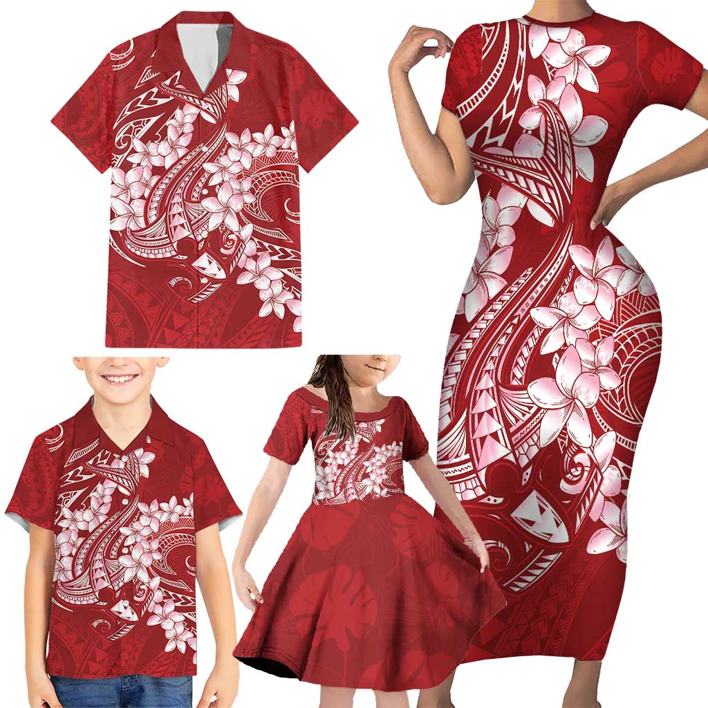 Red Polynesia Hammerhead Shark Tattoo With Plumeria Lei Family Matching Short Sleeve Bodycon Dress and Hawaiian Shirt LT14 - Polynesian Pride