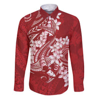 Red Polynesia Hammerhead Shark Tattoo With Plumeria Lei Family Matching Short Sleeve Bodycon Dress and Hawaiian Shirt LT14 Dad's Shirt - Long Sleeve Red - Polynesian Pride