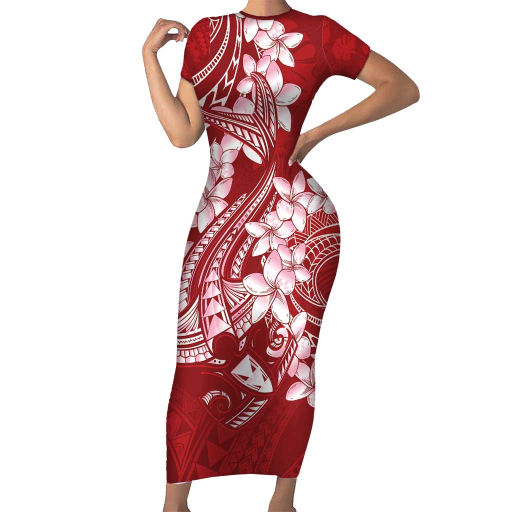 Red Polynesia Hammerhead Shark Tattoo With Plumeria Lei Family Matching Short Sleeve Bodycon Dress and Hawaiian Shirt LT14 Mom's Dress Red - Polynesian Pride