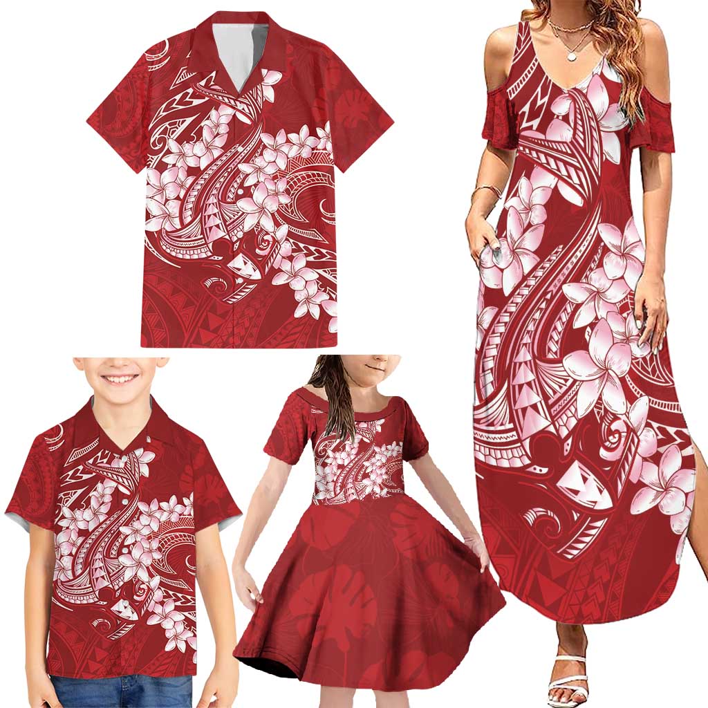 Red Polynesia Hammerhead Shark Tattoo With Plumeria Lei Family Matching Summer Maxi Dress and Hawaiian Shirt LT14 - Polynesian Pride