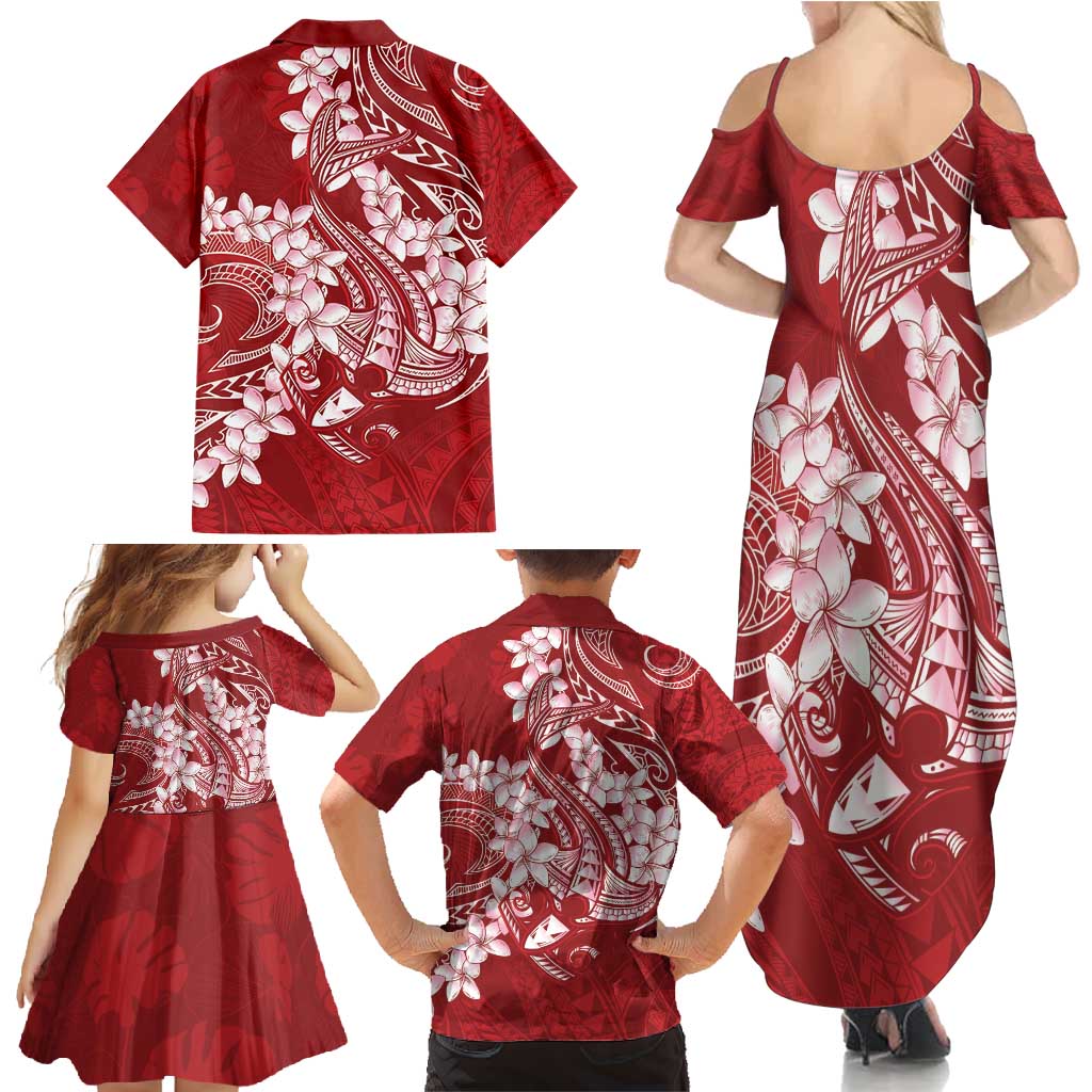 Red Polynesia Hammerhead Shark Tattoo With Plumeria Lei Family Matching Summer Maxi Dress and Hawaiian Shirt LT14 - Polynesian Pride