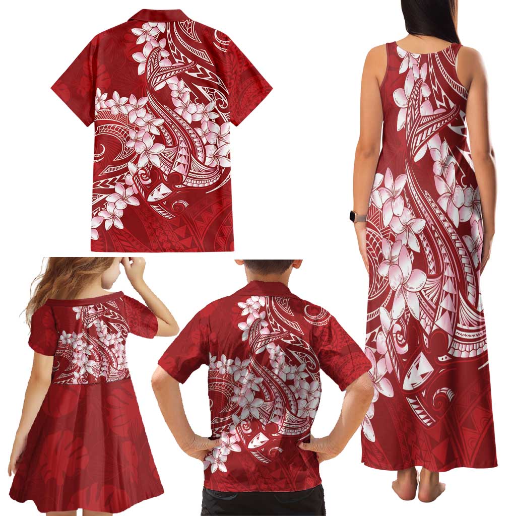 Red Polynesia Hammerhead Shark Tattoo With Plumeria Lei Family Matching Tank Maxi Dress and Hawaiian Shirt LT14 - Polynesian Pride