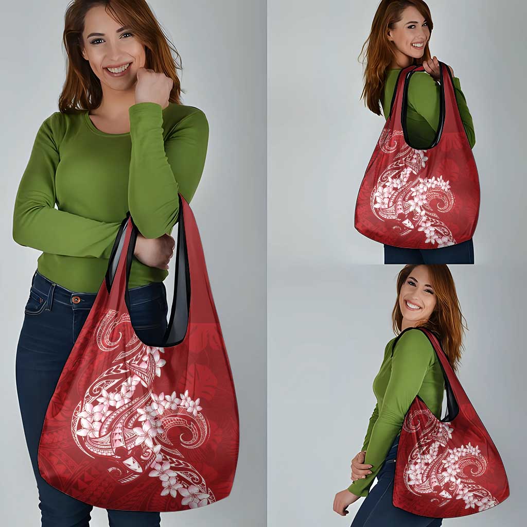 Red Polynesia Hammerhead Shark Tattoo With Plumeria Lei Grocery Bag