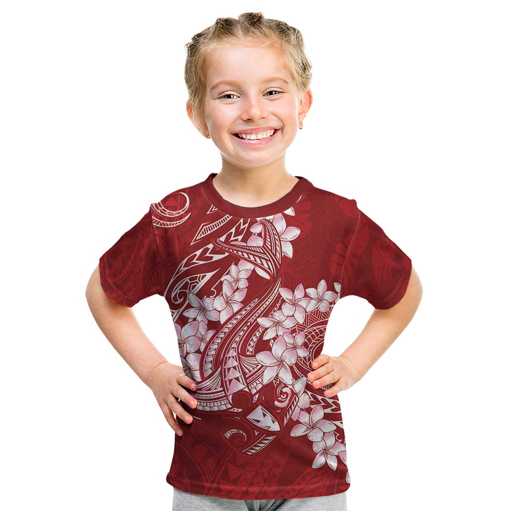 Red Polynesia Hammerhead Shark Tattoo With Plumeria Lei Kid T Shirt