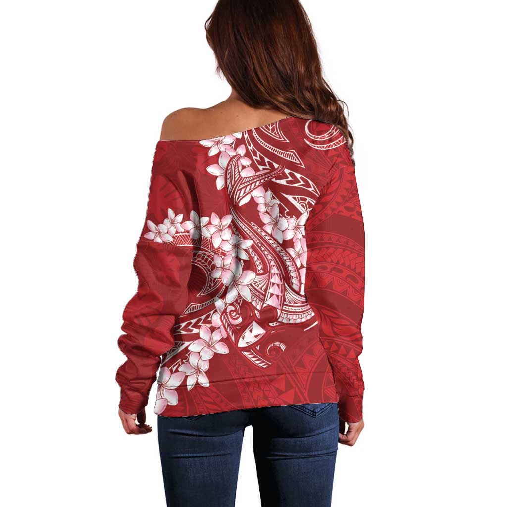 Red Polynesia Hammerhead Shark Tattoo With Plumeria Lei Off Shoulder Sweater LT14 - Polynesian Pride