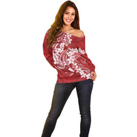 Red Polynesia Hammerhead Shark Tattoo With Plumeria Lei Off Shoulder Sweater LT14 - Polynesian Pride