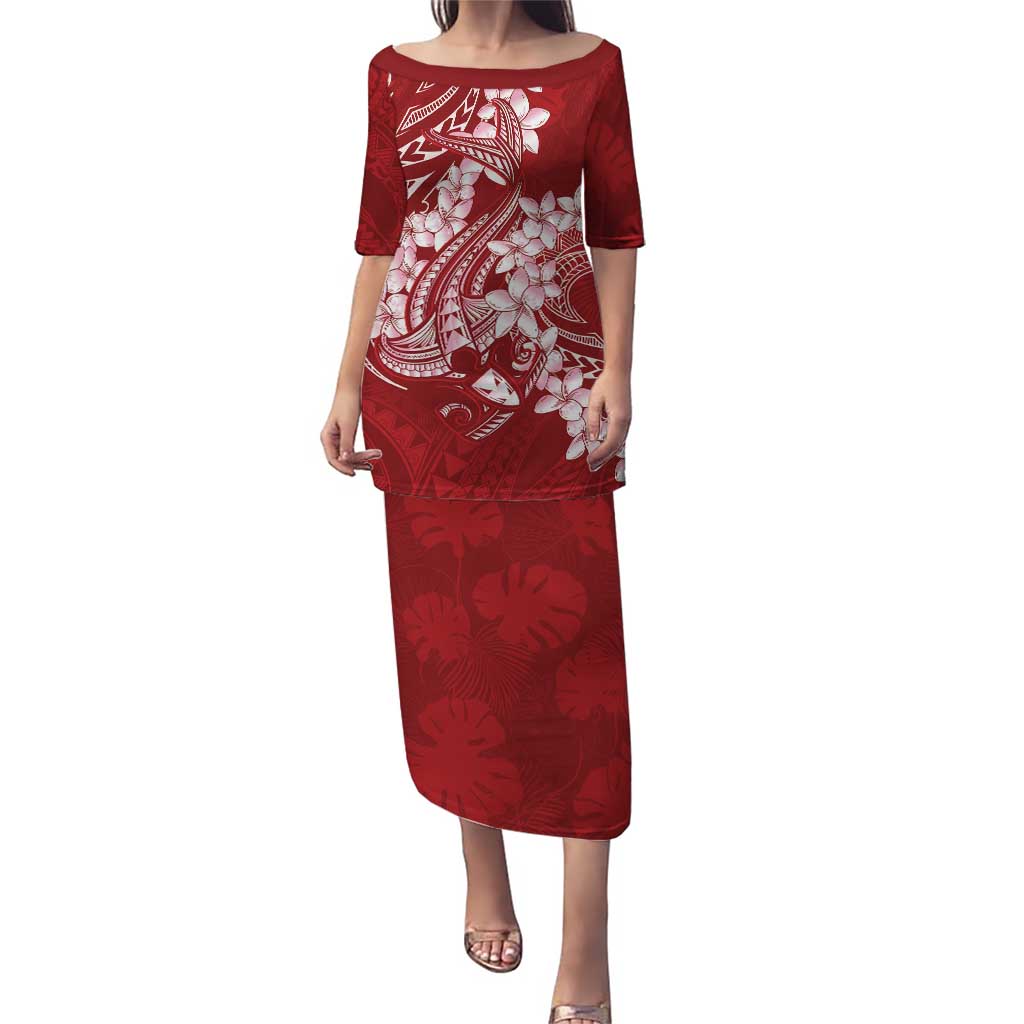 Red Polynesia Hammerhead Shark Tattoo With Plumeria Lei Puletasi LT14 Long Dress Red - Polynesian Pride
