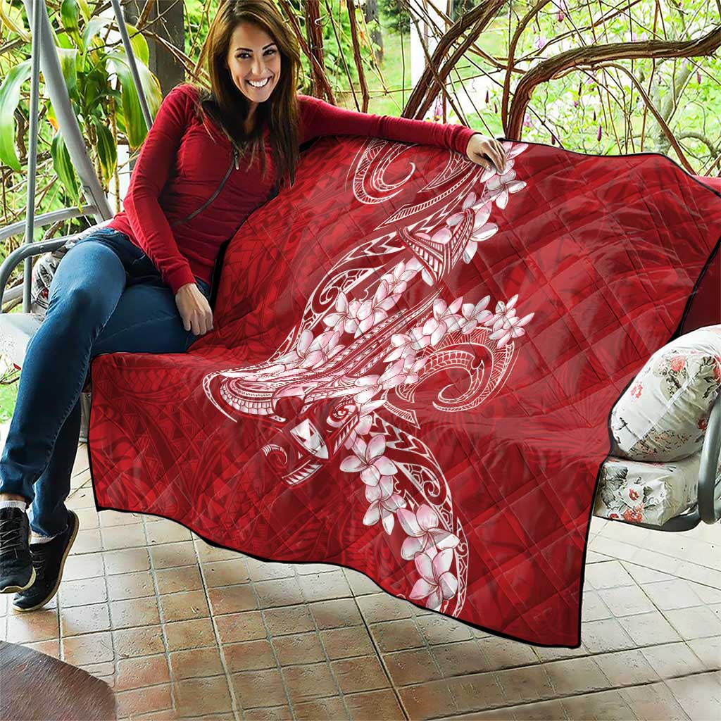 Red Polynesia Hammerhead Shark Tattoo With Plumeria Lei Quilt