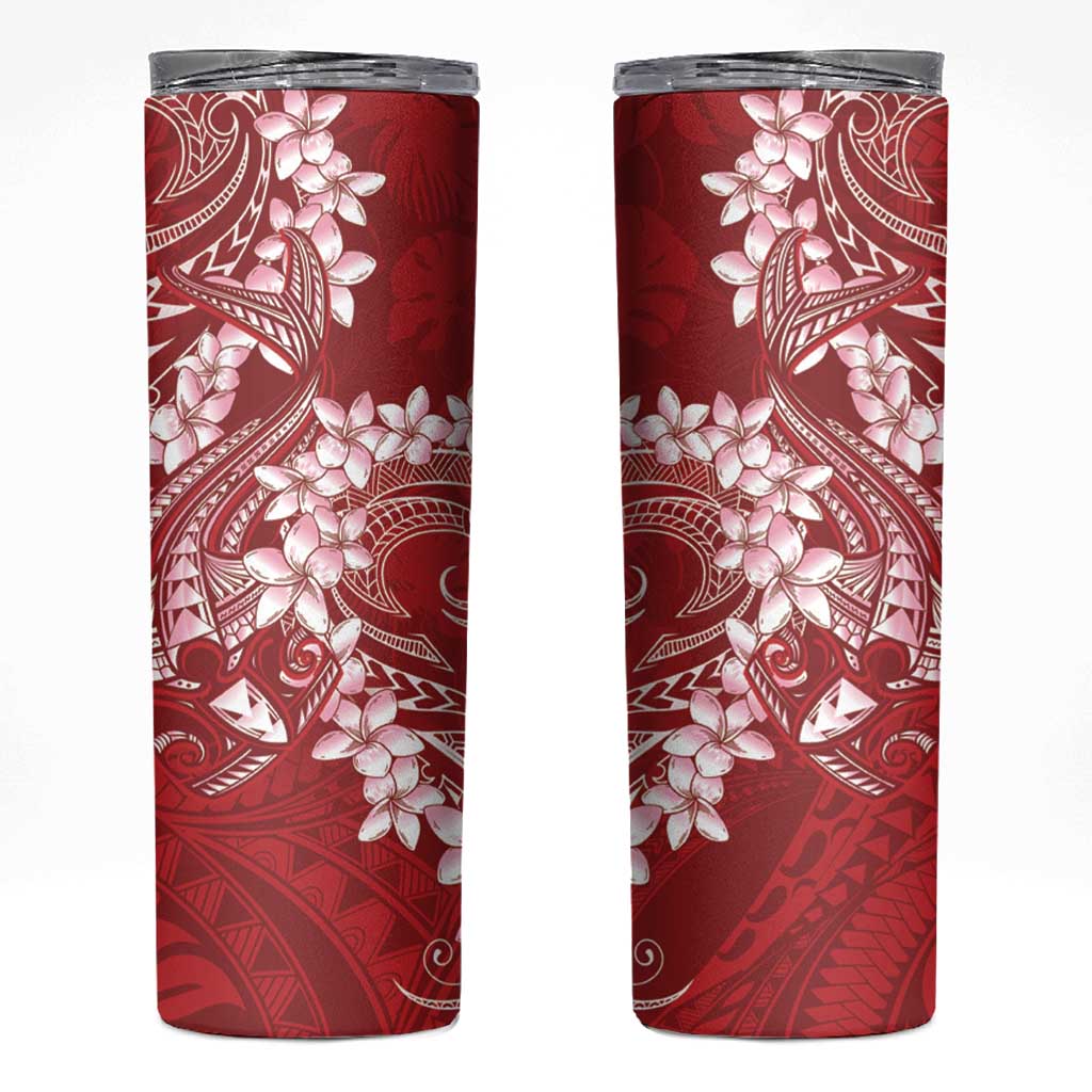 Red Polynesia Hammerhead Shark Tattoo With Plumeria Lei Skinny Tumbler LT14 Red - Polynesian Pride