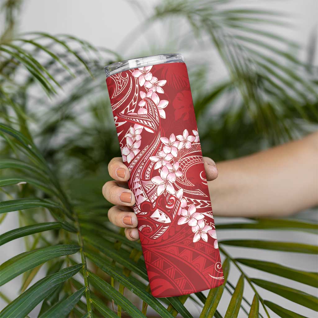 Red Polynesia Hammerhead Shark Tattoo With Plumeria Lei Skinny Tumbler LT14 - Polynesian Pride