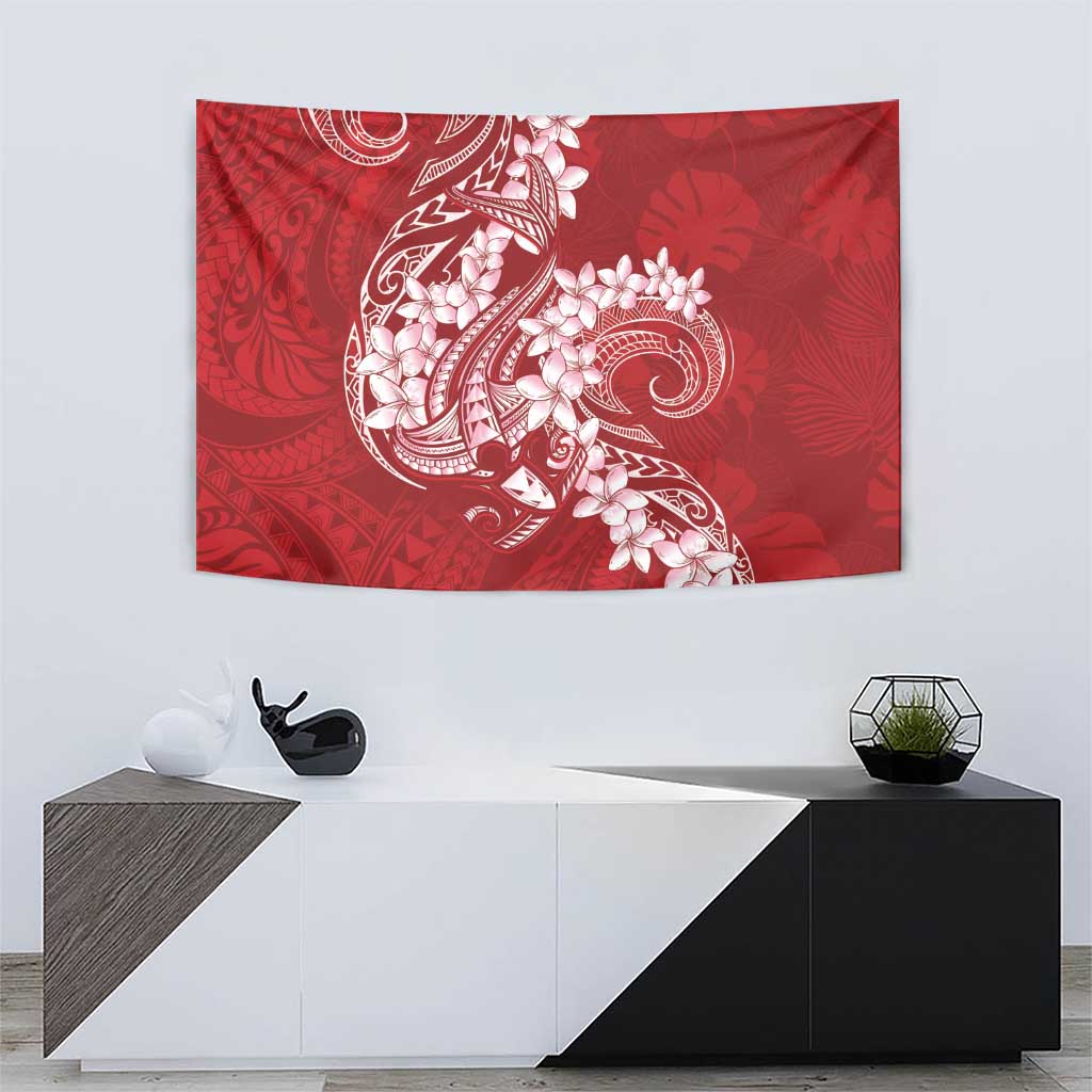 Red Polynesia Hammerhead Shark Tattoo With Plumeria Lei Tapestry