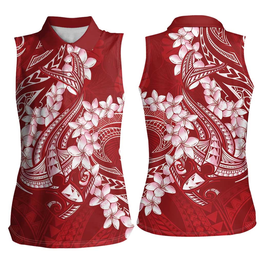 Red Polynesia Hammerhead Shark Tattoo With Plumeria Lei Women Sleeveless Polo Shirt LT14 - Polynesian Pride