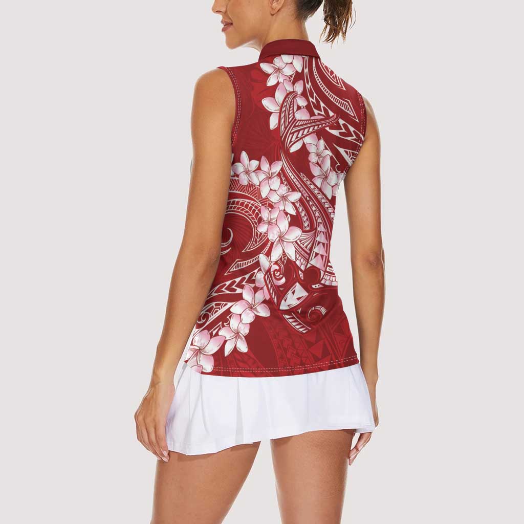 Red Polynesia Hammerhead Shark Tattoo With Plumeria Lei Women Sleeveless Polo Shirt LT14 - Polynesian Pride