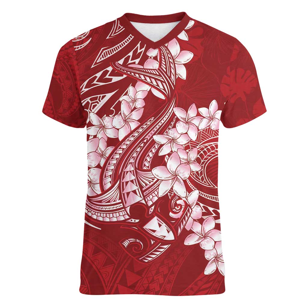 Red Polynesia Hammerhead Shark Tattoo With Plumeria Lei Women V-Neck T-Shirt LT14 Female Red - Polynesian Pride