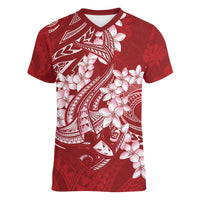 Red Polynesia Hammerhead Shark Tattoo With Plumeria Lei Women V-Neck T-Shirt LT14 Female Red - Polynesian Pride