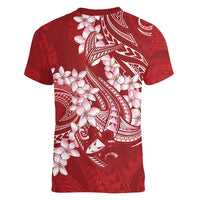 Red Polynesia Hammerhead Shark Tattoo With Plumeria Lei Women V-Neck T-Shirt LT14 - Polynesian Pride