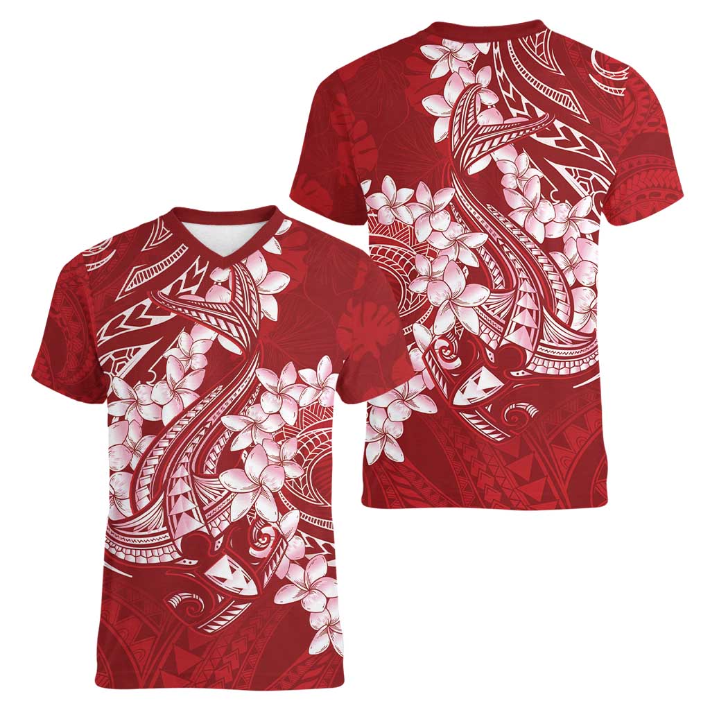 Red Polynesia Hammerhead Shark Tattoo With Plumeria Lei Women V-Neck T-Shirt LT14 - Polynesian Pride