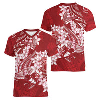 Red Polynesia Hammerhead Shark Tattoo With Plumeria Lei Women V-Neck T-Shirt LT14 - Polynesian Pride
