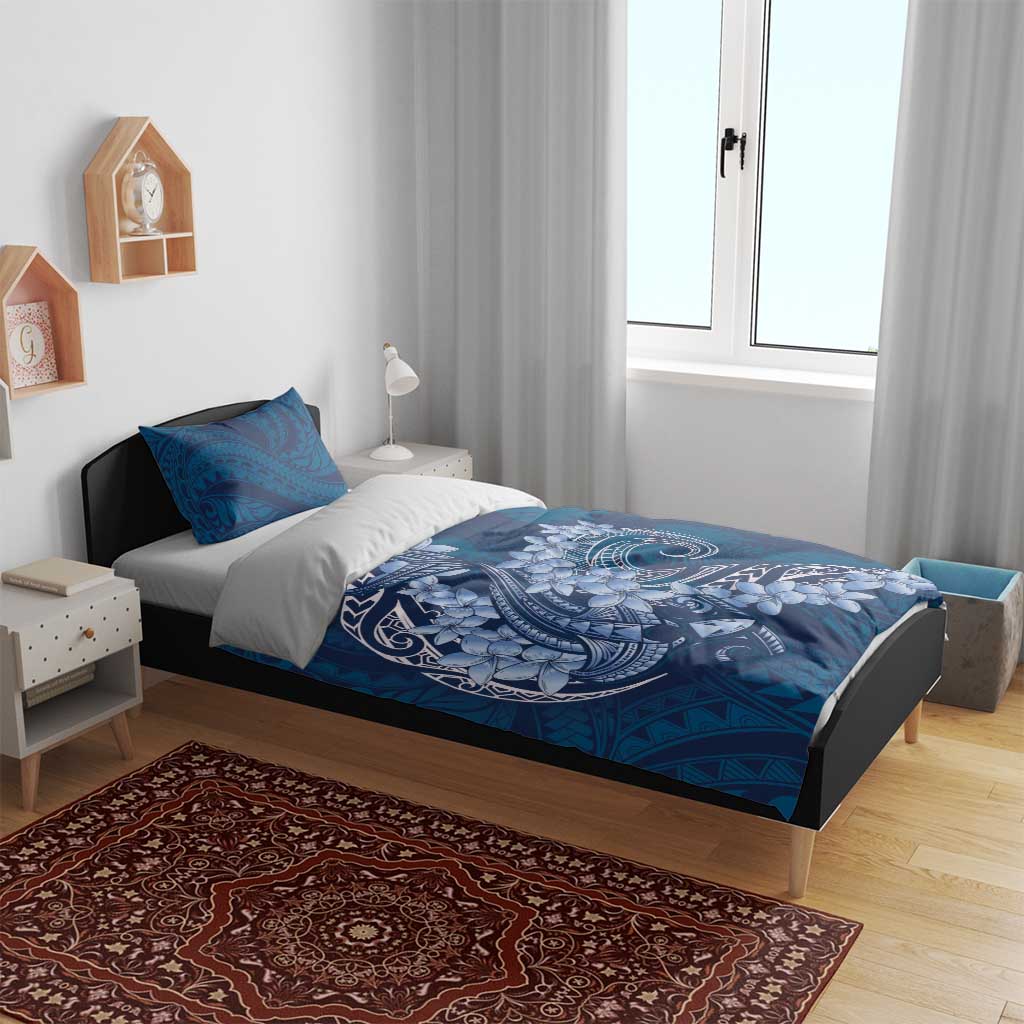 Navy Blue Polynesia Hammerhead Shark Tattoo With Plumeria Lei Bedding Set