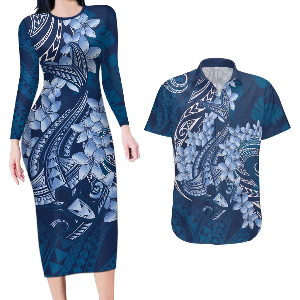 Navy Blue Polynesia Hammerhead Shark Tattoo With Plumeria Lei Couples Matching Long Sleeve Bodycon Dress and Hawaiian Shirt LT14 Navy Blue - Polynesian Pride