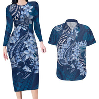 Navy Blue Polynesia Hammerhead Shark Tattoo With Plumeria Lei Couples Matching Long Sleeve Bodycon Dress and Hawaiian Shirt LT14 Navy Blue - Polynesian Pride
