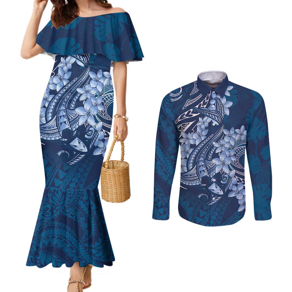 Navy Blue Polynesia Hammerhead Shark Tattoo With Plumeria Lei Couples Matching Mermaid Dress and Long Sleeve Button Shirt LT14 Navy Blue - Polynesian Pride