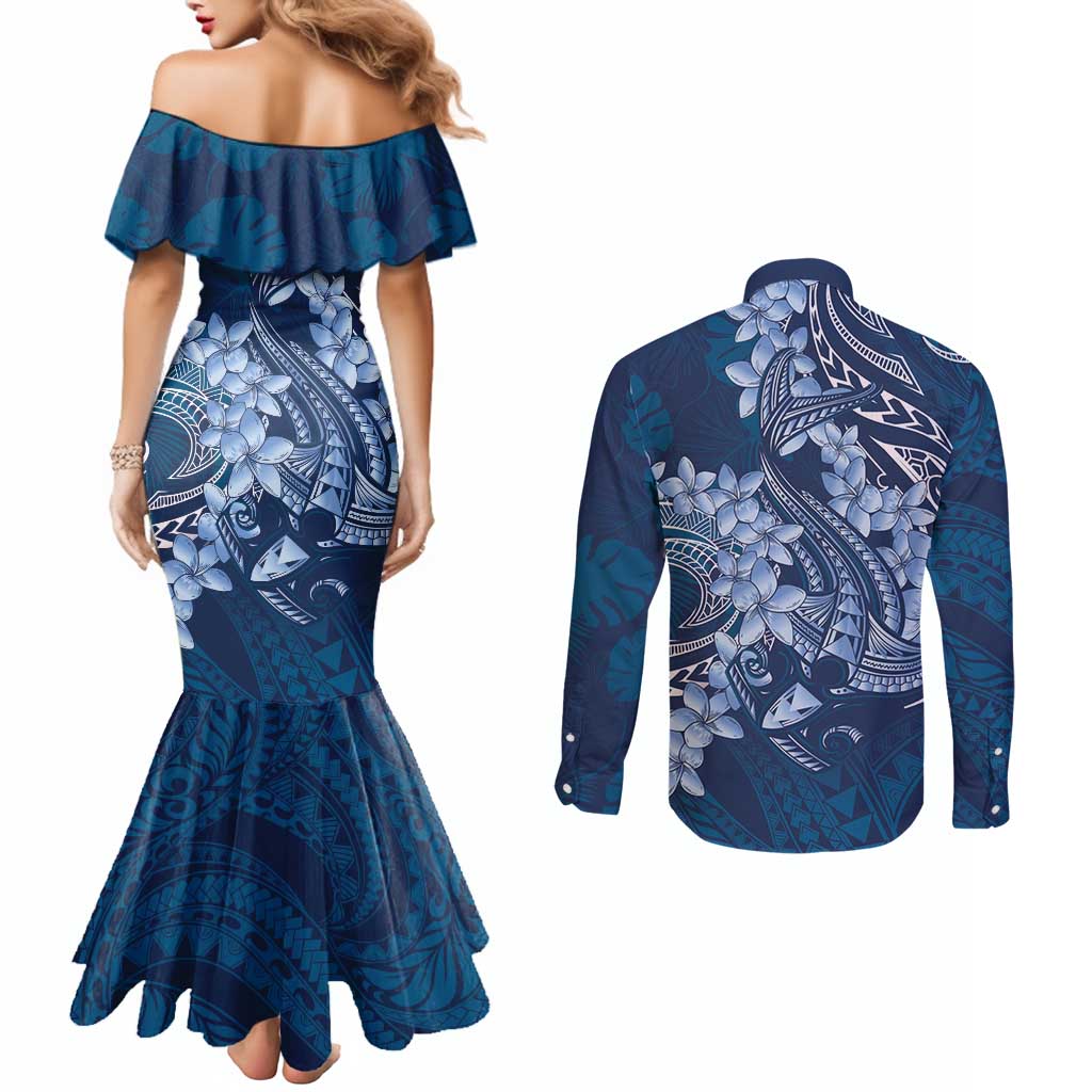 Navy Blue Polynesia Hammerhead Shark Tattoo With Plumeria Lei Couples Matching Mermaid Dress and Long Sleeve Button Shirt LT14 - Polynesian Pride