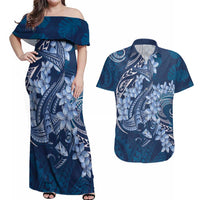 Navy Blue Polynesia Hammerhead Shark Tattoo With Plumeria Lei Couples Matching Off Shoulder Maxi Dress and Hawaiian Shirt LT14 Navy Blue - Polynesian Pride