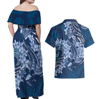 Navy Blue Polynesia Hammerhead Shark Tattoo With Plumeria Lei Couples Matching Off Shoulder Maxi Dress and Hawaiian Shirt LT14 - Polynesian Pride