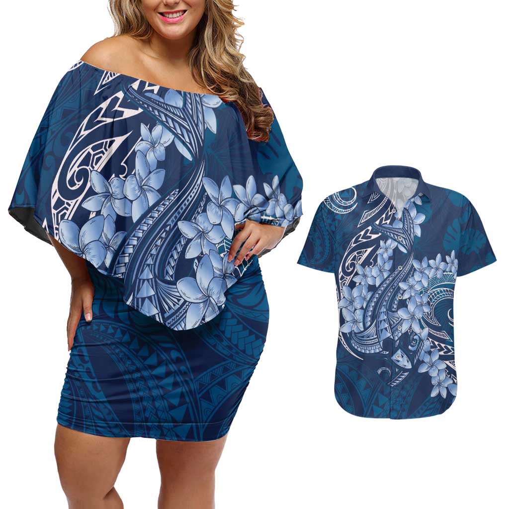 Navy Blue Polynesia Hammerhead Shark Tattoo With Plumeria Lei Couples Matching Off Shoulder Short Dress and Hawaiian Shirt LT14 Navy Blue - Polynesian Pride