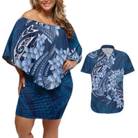 Navy Blue Polynesia Hammerhead Shark Tattoo With Plumeria Lei Couples Matching Off Shoulder Short Dress and Hawaiian Shirt LT14 Navy Blue - Polynesian Pride