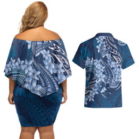 Navy Blue Polynesia Hammerhead Shark Tattoo With Plumeria Lei Couples Matching Off Shoulder Short Dress and Hawaiian Shirt LT14 - Polynesian Pride