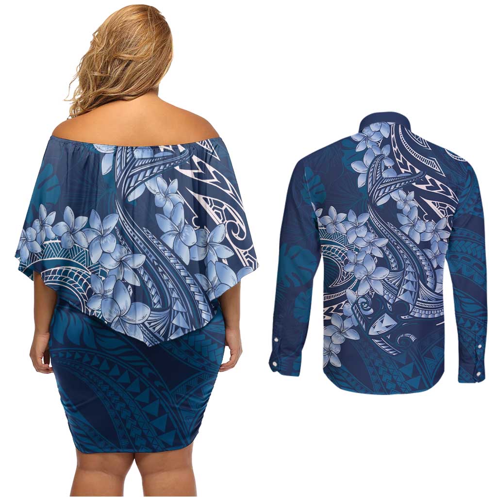Navy Blue Polynesia Hammerhead Shark Tattoo With Plumeria Lei Couples Matching Off Shoulder Short Dress and Long Sleeve Button Shirt