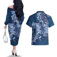 Navy Blue Polynesia Hammerhead Shark Tattoo With Plumeria Lei Couples Matching Off The Shoulder Long Sleeve Dress and Hawaiian Shirt LT14 - Polynesian Pride