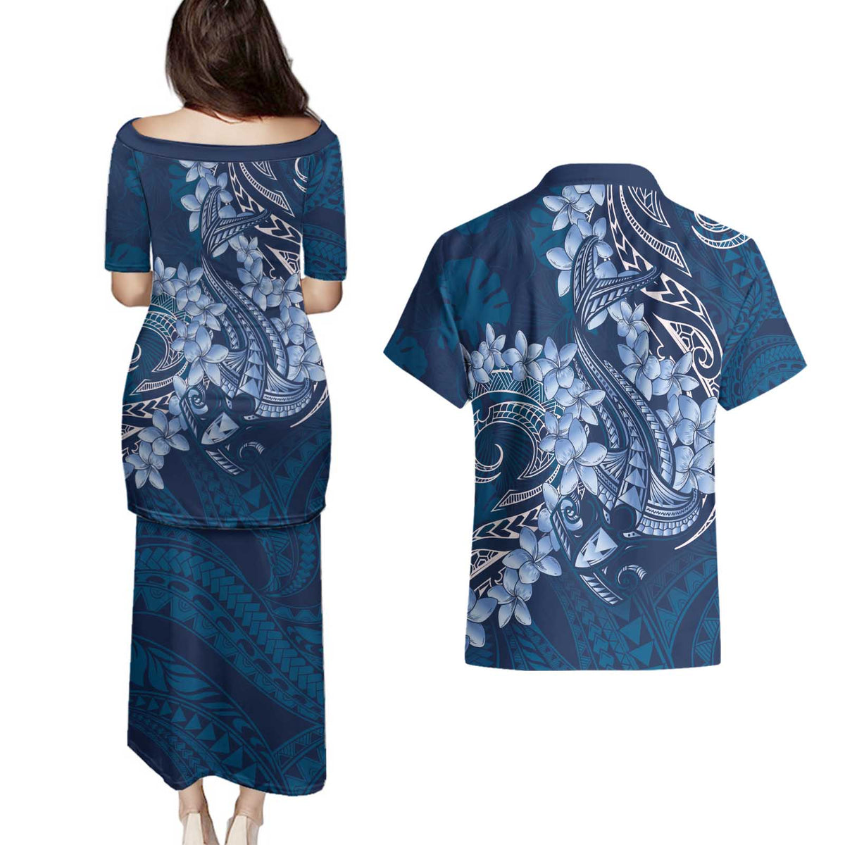 Navy Blue Polynesia Hammerhead Shark Tattoo With Plumeria Lei Couples Matching Puletasi and Hawaiian Shirt