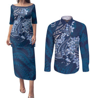 Navy Blue Polynesia Hammerhead Shark Tattoo With Plumeria Lei Couples Matching Puletasi and Long Sleeve Button Shirt LT14 Navy Blue - Polynesian Pride