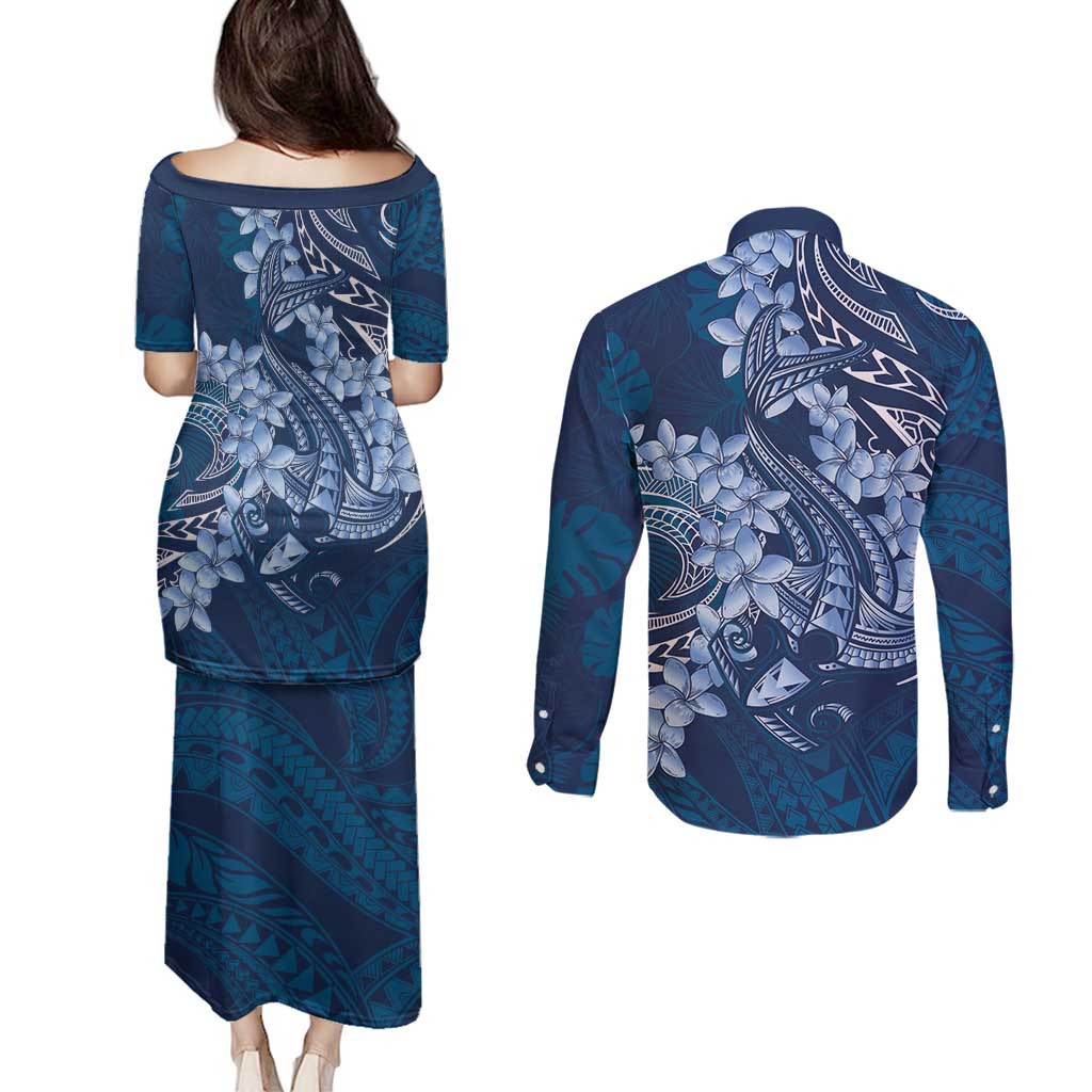 Navy Blue Polynesia Hammerhead Shark Tattoo With Plumeria Lei Couples Matching Puletasi and Long Sleeve Button Shirt LT14 - Polynesian Pride